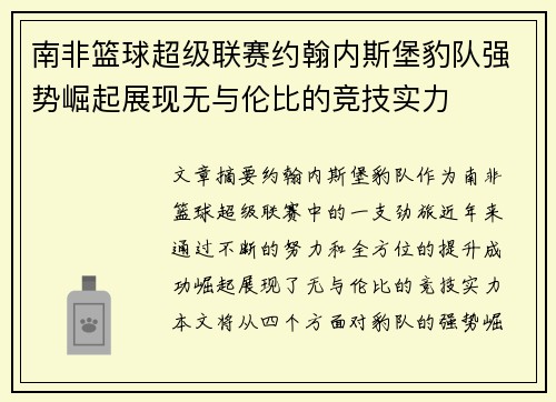 南非篮球超级联赛约翰内斯堡豹队强势崛起展现无与伦比的竞技实力