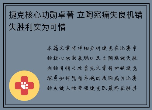 捷克核心功勋卓著 立陶宛痛失良机错失胜利实为可惜