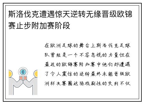 斯洛伐克遭遇惊天逆转无缘晋级欧锦赛止步附加赛阶段
