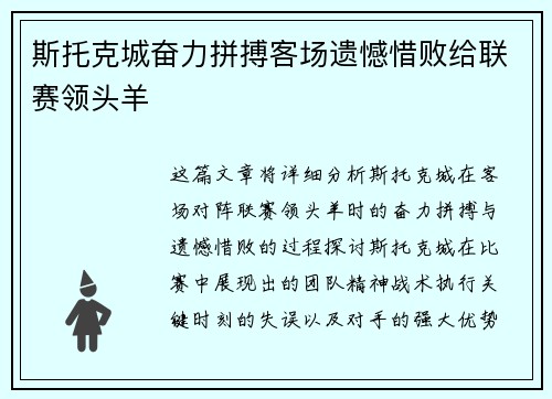 斯托克城奋力拼搏客场遗憾惜败给联赛领头羊