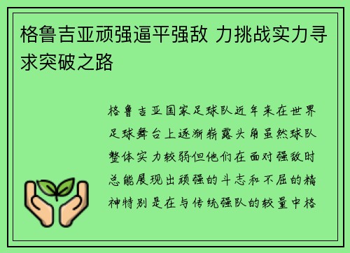 格鲁吉亚顽强逼平强敌 力挑战实力寻求突破之路