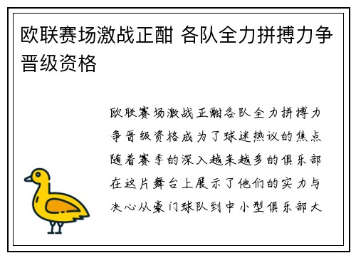 欧联赛场激战正酣 各队全力拼搏力争晋级资格