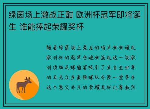 绿茵场上激战正酣 欧洲杯冠军即将诞生 谁能捧起荣耀奖杯
