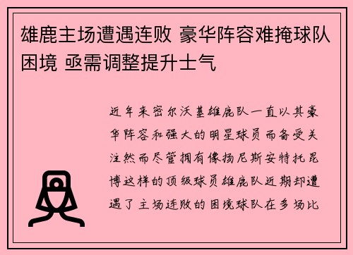 雄鹿主场遭遇连败 豪华阵容难掩球队困境 亟需调整提升士气